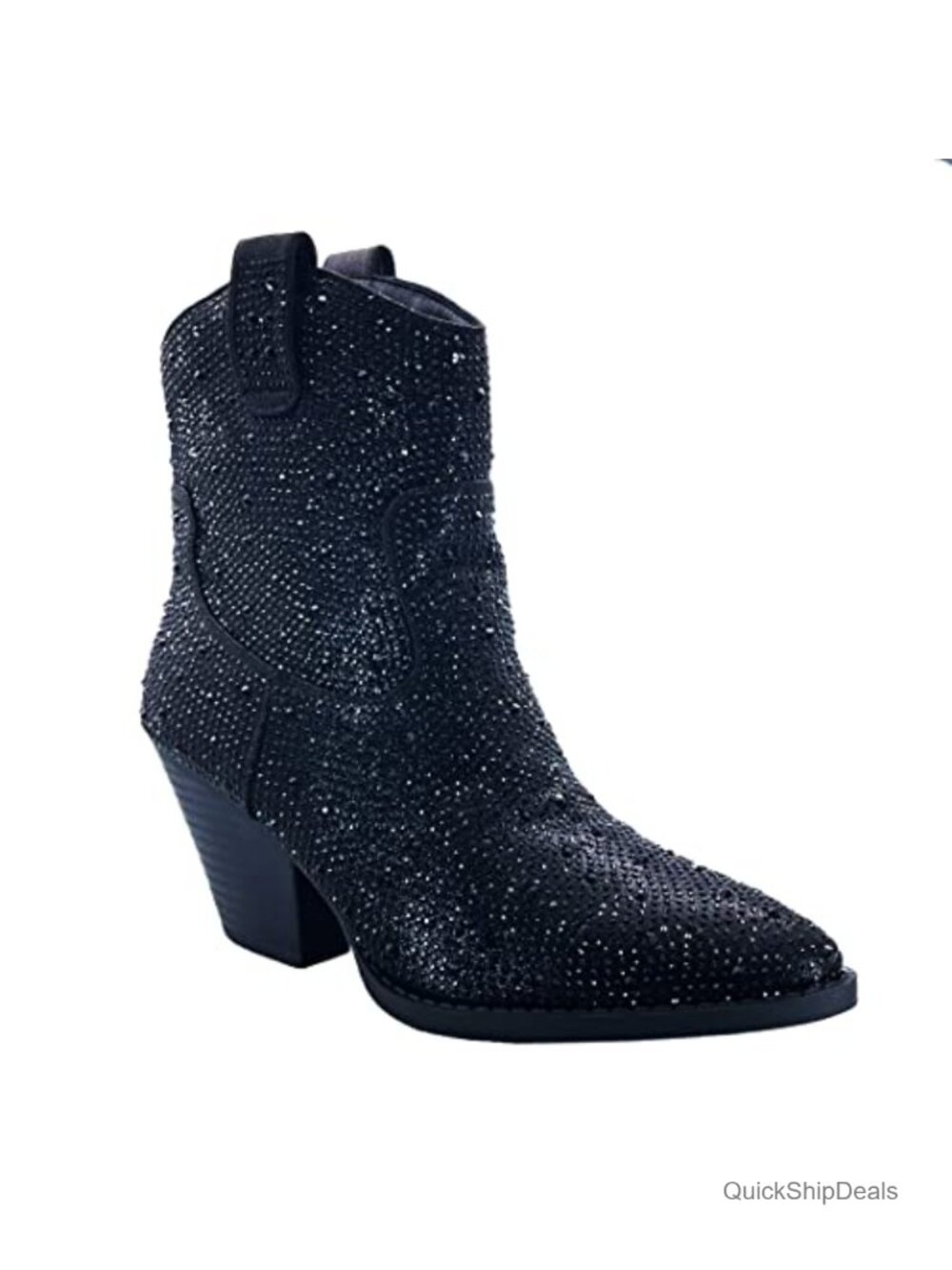 ABSOLEX Women's Pointed Toe Rhinestone Ankle Booties Faux Leather Pull-On